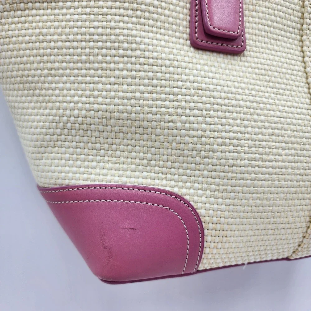 Y2K Coach Woven Straw Tote Bag Pink Leather Trim Buckle Preppy Shoulder Purse